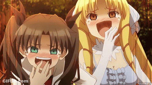 Two Anime Girls Are Laughing And One Is Covering Her Mouth With Her Hands GIF