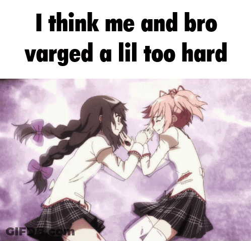 Anime Girls Laying Next To Each Other With Bro Varged Too Hard GIF
