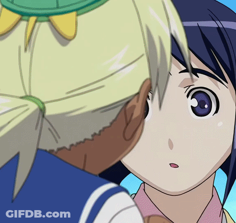 Two Anime Girls Are Looking At Each Other And One Has A Green Hat On Her Head GIF
