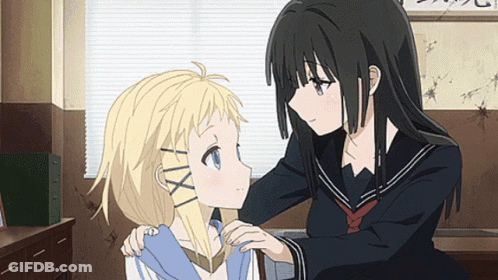 Two Anime Girls Are Looking At Each Other In A Room With Chinese Writing On The Wall Behind Them GIF