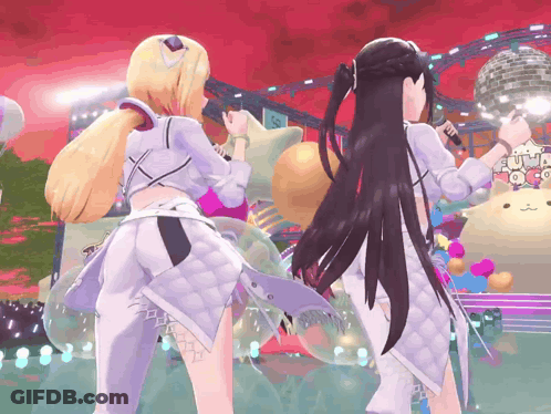 Two Anime Girls Are Singing In Front Of A Roller Coaster With A Sign That Says Uva Coco GIF