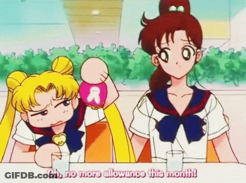 Anime Girls Sitting At Table, One Saying Oh No More Allowance GIF