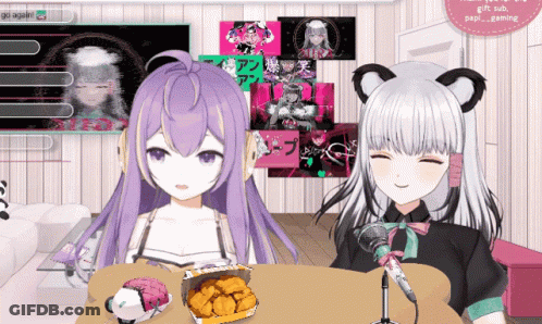 Two Anime Girls Are Sitting At A Table With A Box Of Fried Chicken GIF