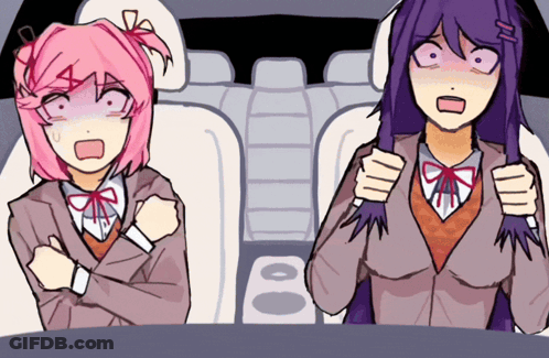 Two Anime Girls Are Sitting In A Car With Their Arms Crossed And One Has Purple Hair GIF