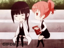 Two Anime Girls Are Sitting On A Bench And One Is Holding A Box Of Candy GIF