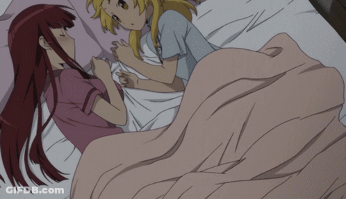 Two Anime Girls Are Sleeping On A Bed With Pink Pillows GIF