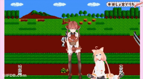 Two Anime Girls Are Standing In A Video Game With The Words Start And Goal On The Bottom GIF