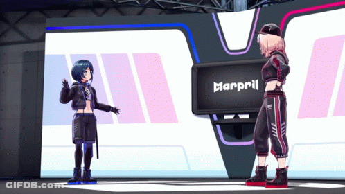 Two Anime Girls Are Standing In Front Of A Large Screen That Says Marpril GIF