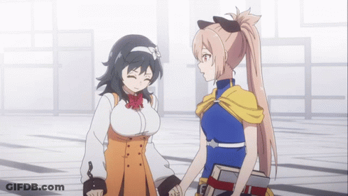 Two Anime Girls Are Standing Next To Each Other And One Has A Book In Her Hand GIF