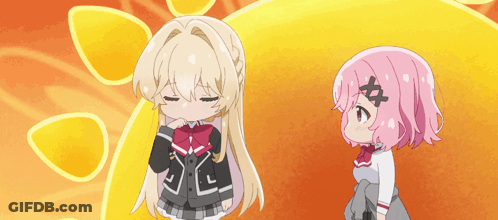 Two Anime Girls Are Standing Next To Each Other And One Has A Letter X On Her Hair GIF