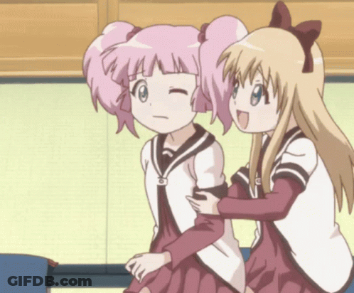 Two Anime Girls Are Standing Next To Each Other And One Has The Letter S On Her Shirt GIF