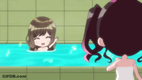 Two Anime Girls Are Standing Next To Each Other In A Bath Tub GIF