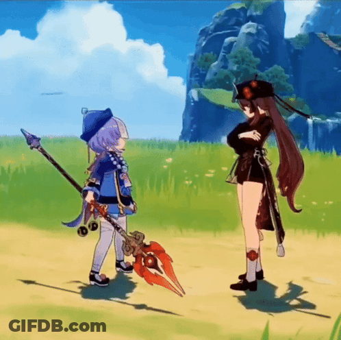 Two Anime Girls Are Standing Next To Each Other In A Field . GIF
