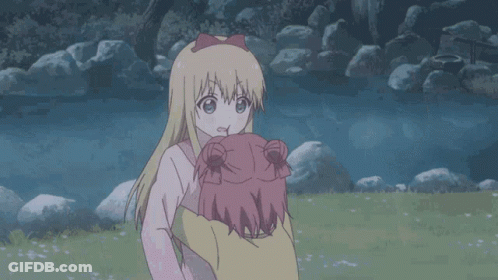 Two Anime Girls Are Standing Next To Each Other In A Field With Rocks In The Background GIF