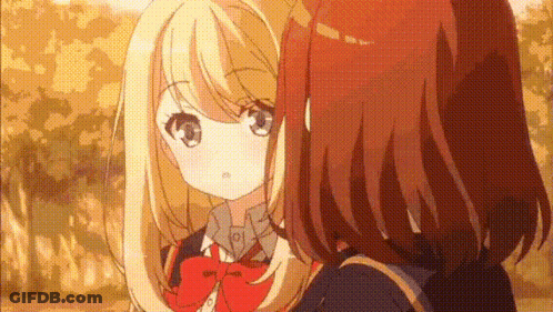Two Anime Girls Are Standing Next To Each Other In A Park And Looking At Each Other . GIF