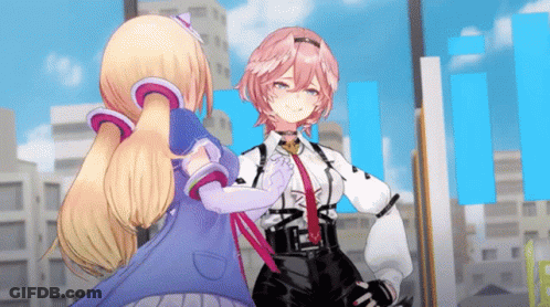 Two Anime Girls Are Standing Next To Each Other In Front Of A City GIF