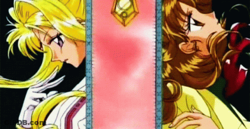 Two Anime Girls Are Standing Next To Each Other In Front Of A Pink Wall GIF
