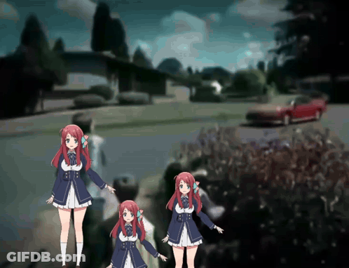 Two Anime Girls Are Standing Next To Each Other In Front Of A Red Car GIF