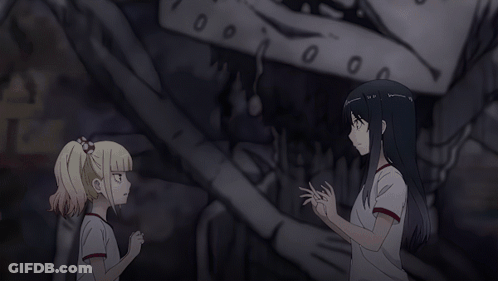 Two Anime Girls Are Standing Next To Each Other In Front Of A Wall With Numbers 0 And 0 On It GIF