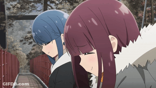 Two Anime Girls Are Standing Next To Each Other Looking Down GIF