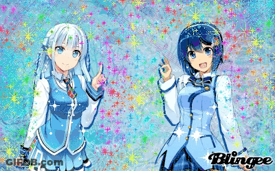 Two Anime Girls Are Standing Next To Each Other On A Blue Background . GIF