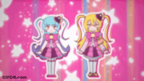 Two Anime Girls Are Standing Next To Each Other On A Pink Background With Stars . GIF
