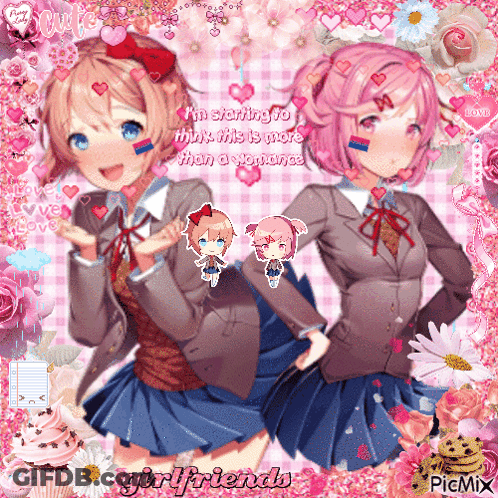 Two Anime Girls Are Standing Next To Each Other On A Pink Background With The Words " Girlfriends " On The Bottom GIF