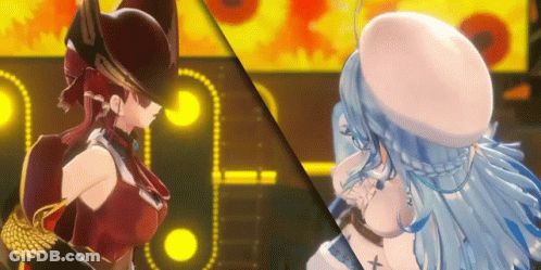 Two Anime Girls Are Standing Next To Each Other On A Stage . One Of The Girls Is Wearing A Pirate Hat . GIF