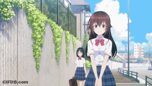 Two Anime Girls Are Standing Next To Each Other On The Sidewalk GIF