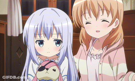 Two Anime Girls Are Standing Next To Each Other One Is Holding A Stuffed Animal And The Other Is Smiling GIF