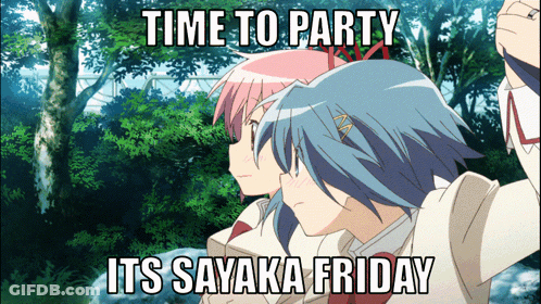 Two Anime Girls Are Standing Next To Each Other With A Meme That Says Time To Party It 'S Sayaka Friday GIF
