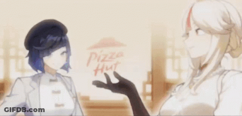 Two Anime Girls Are Standing Next To Each Other With A Pizza Hut Logo In The Background GIF