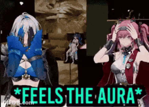 Two Anime Girls Are Standing Next To Each Other With A Sign That Says `` Feel The Aura '' . GIF