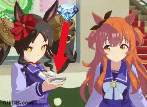 Two Anime Girls Are Standing Next To Each Other With An Arrow Pointing To A Diamond In The Background GIF