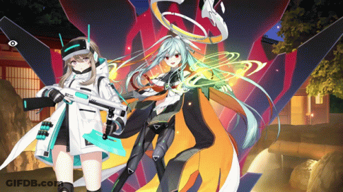 Two Anime Girls Are Standing Next To Each Other With One Holding A Gun And The Other Holding A Ring GIF