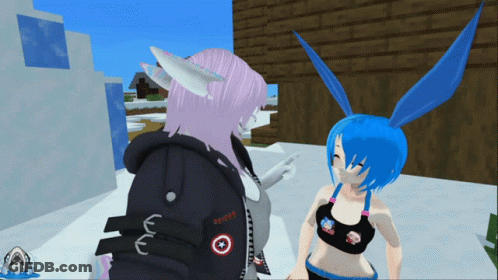 Two Anime Girls Are Standing Next To Each Other With One Wearing A Jacket That Says " Riot " On The Back GIF