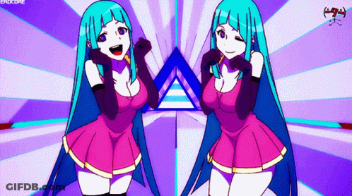 Two Anime Girls Are Standing Next To Each Other With The Word Zerocore On The Bottom GIF