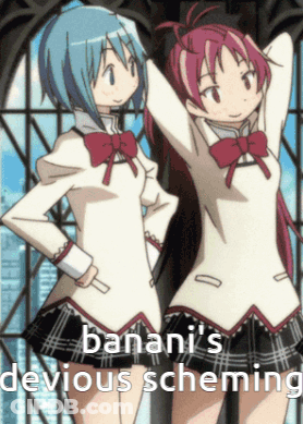 Two Anime Girls Are Standing Next To Each Other With The Words " Banani 'S Devious Scheming " On The Bottom GIF