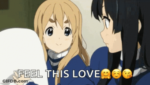 Two Anime Girls Are Standing Next To Each Other With The Words Feel This Love GIF
