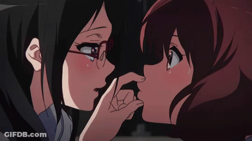 Two Anime Girls Are Touching Noses And One Has Glasses On GIF