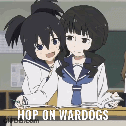 Two Anime Girls At Desk Saying Hop On Wardogs GIF