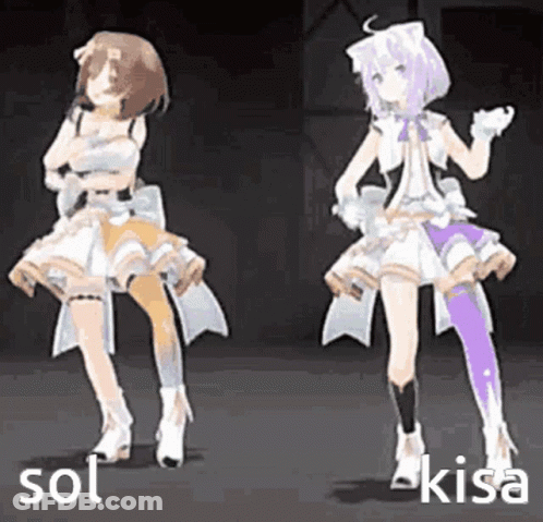 Two Anime Girls Dancing On Stage One With Purple Hair GIF