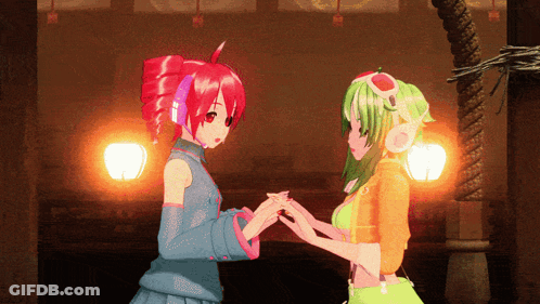 Two Anime Girls Holding Hands In Room GIF