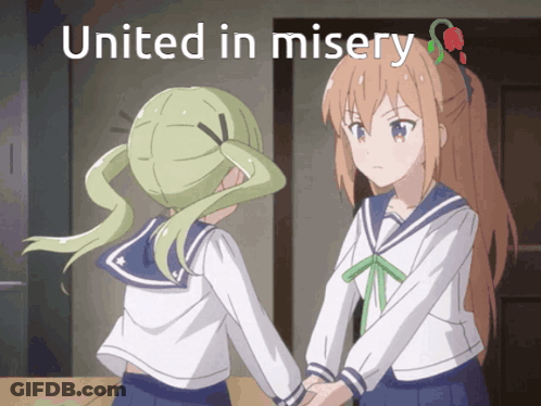 Two Anime Girls Holding Hands United In Misery GIF