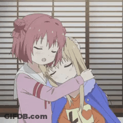 Two Anime Girls Hugging Each Other In Front Of A Window With Blinds . GIF