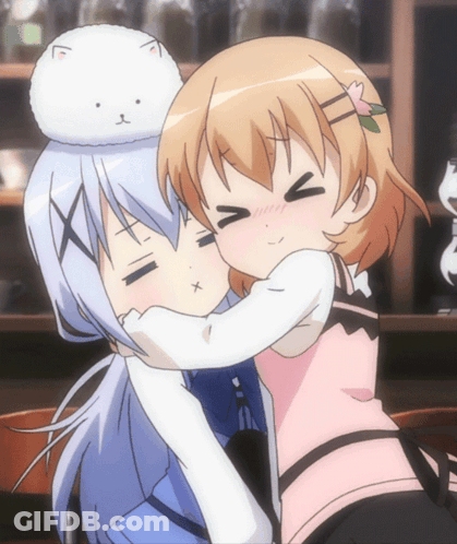 Two Anime Girls Hugging Each Other With A Stuffed Animal On Top Of Their Head GIF