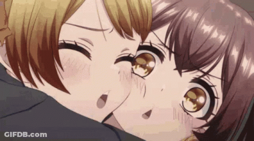 Two Anime Girls Hugging One Looking At Camera GIF