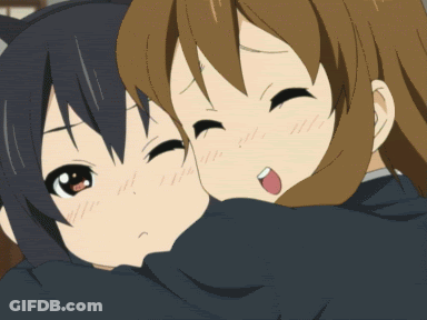 Two Anime Girls Hugging One With Cat On Head GIF