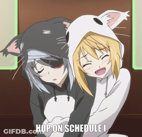 Two Anime Girls Hugging With The Words Hop On Schedule I On The Bottom GIF