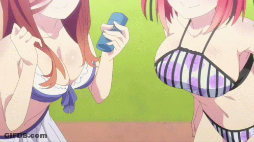 Two Anime Girls In Bikinis Are Standing Next To Each Other And One Is Holding A Blue Object GIF